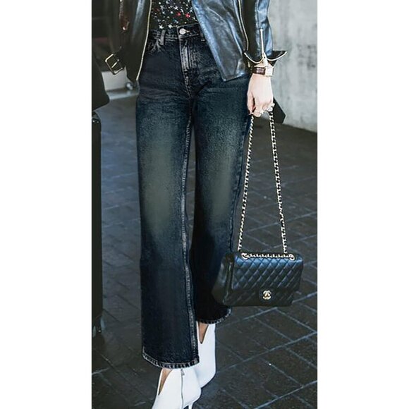 Women's Wide Leg Jeans Vintage Denim 90s Raw Hem Mid Rise Straight Fit - Picture 4 of 6